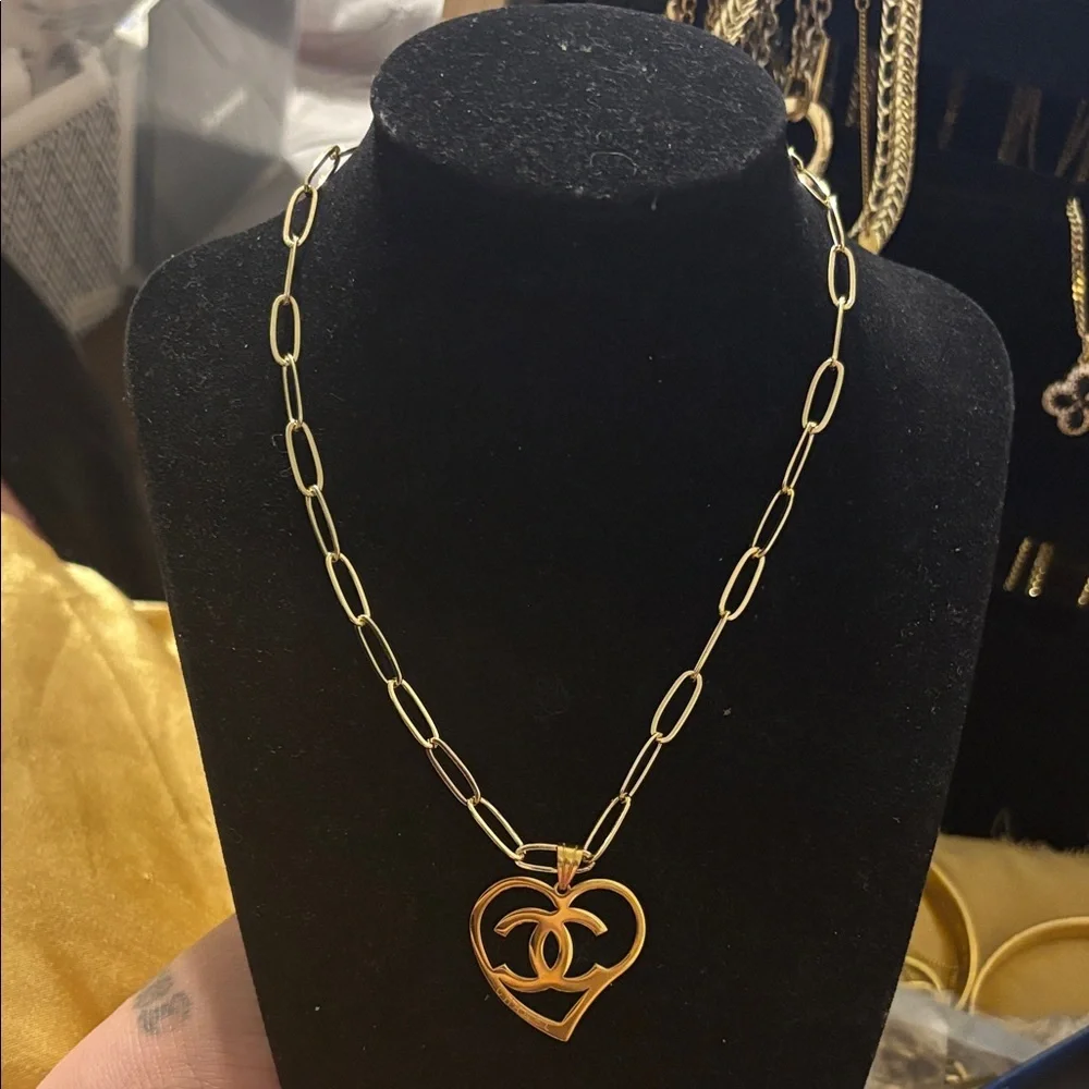 Chanel Stamped Pendant Gold Heart & unbranded Necklace